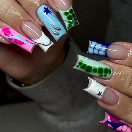 CUZIAM 3D Rainbow Crocodile Press on Nails Medium Long Square, Neon Colorful Water Ripple Crocodile Design Summer Spring False Fake Nail, 24pcs Glossy Reusable Full Cover Stick on Nails with Glue