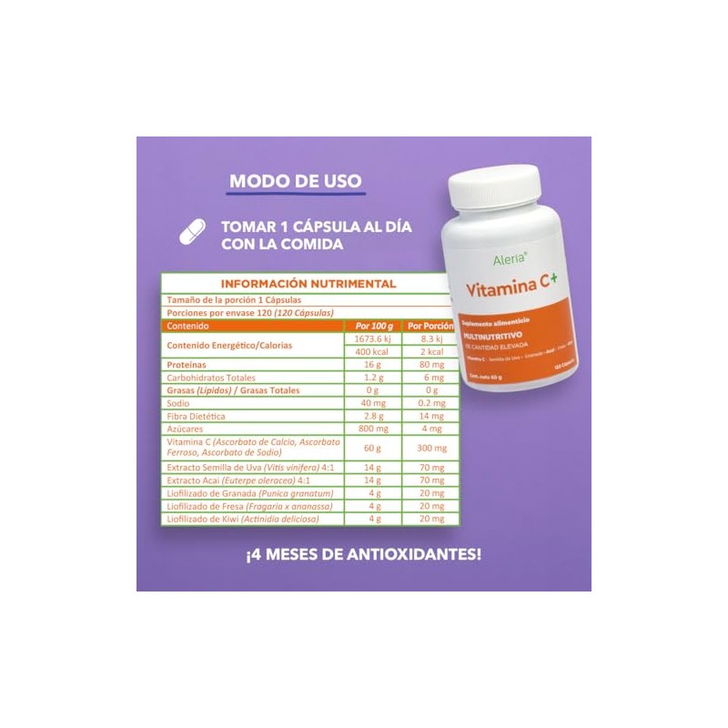 Aleria® | Vitamina C 120 Cápsulas – Suministro 4 Meses
