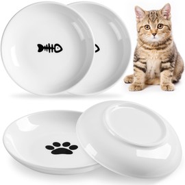 Kitwinney Cat Bowls, Ceramic Cat Food Bowl Set with Silicone Ring for Non Slip, Cute Cats Dishes and Plates for Feeding Indoor Cats, Kitten, Small Dogs (White-4 Pack, 6 Inches)