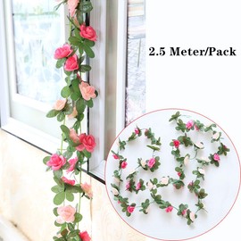 Fake Rose Vines Flowers Plants, 2 Pack 8.2 Feet Artificial Rose Flower Vine Hanging Flower Garland for Room Home Hotel Office Wedding Party Garden Craft Art Decor Pink