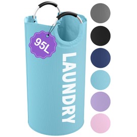 IHOMAGIC 95L Foldable Laundry Basket with Handles, Big Clothes Hamper for Bedroom, Dirty Clothes Basket Stand Upright, Portable Laundry Bag for Flat, Nursery, Family, Blue