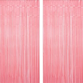Pink Metallic Foil Curtains Party Photo Booth Backdrop Wedding Bachelorette Girls 1st Birthday Baby Shower Party Engagement Anniversary Celebration Backdrop Decoration, 3.2 ft x 6.5 ft, 2pc