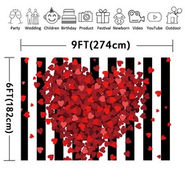 Red Hearts Backdrop for Wedding Anniversary, 9x6FT, Black White Striped Background,Romantic Patry Banner Photo Booth Props HXLU083