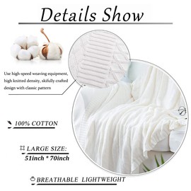 Cotton Cable Knit Throw Blanket for Sofa Chair Couch Picnic Camping Beach Home Decorative Indoor Outdoor Knitted Blanket 51"x70" White