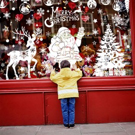 Xnova 163 PCS Large Christmas Window Stickers Reusable Xmas Tree Santa Claus Elk Windows Decorations Double Side Christmas Scene White Christmas Window Clings for Glass Shop Decals