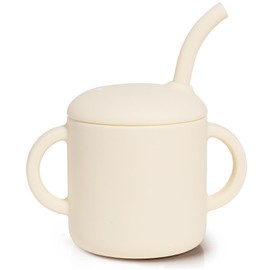 Silicone Baby Cup with Straw, Straw Cup for 6 months+ old, Leak Proof Silicone Baby Training Cup 6 fl oz (Beige)