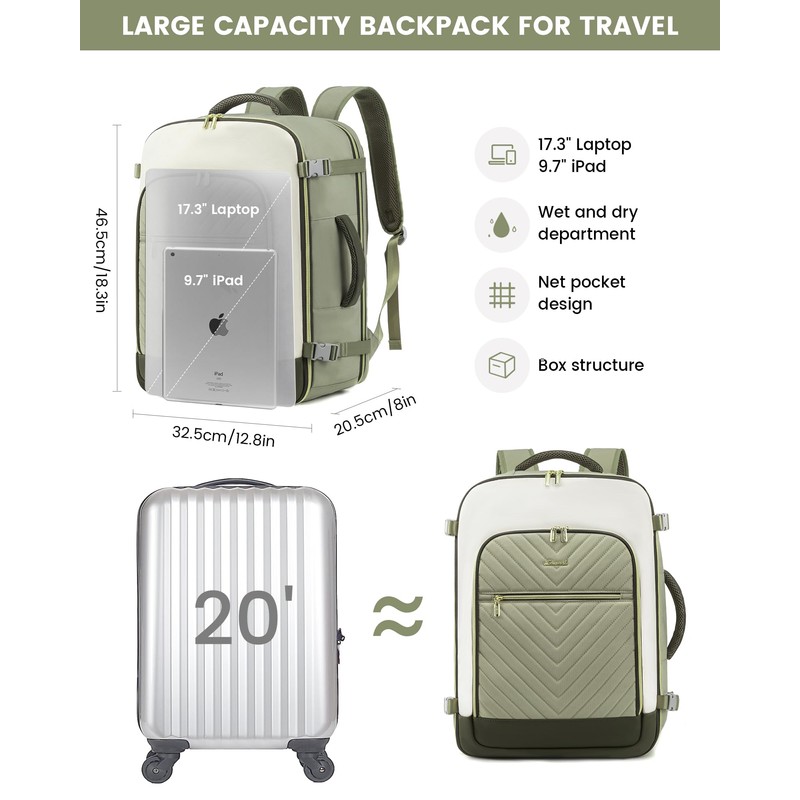 LOVEVOOK Women's Hand Luggage Backpack Large 40L, Light Green Beige