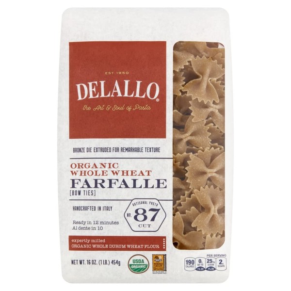 DeLallo Organic Whole Wheat Farfalle, Bow Ties Pasta, 1lb Bag, 16-Pack