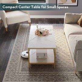 SAYGOER Modern 2-Tier Coffee Table for Living Room White Gold Coffee Tables Industrial Rectangle Wood Table for Large or Small Spaces Home Office Apartment, White Gold