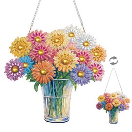 Eiflow DIY Hanging Diamond Art Kit Vase Daisy, Acrylic Diamonds Painting Pendant Board Kit Flower, 5D Gem Art Ornament Kit for Adults, Double Sided