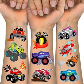 75 PCS Truck Temporary Tattoos for Kids Birthday Party Favor- Groovy Silver Metallic Styles Fake Tattoos | Monster Truck, Car Racing, Checkered Flag, Flames, Trophy Tattoo for 5 6 7 8 Years Boys Girls