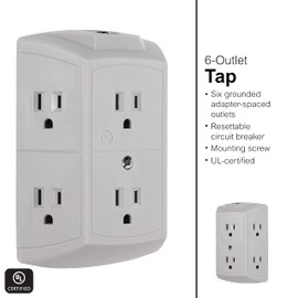GE 6-Outlet Extender, 2 Pack, Grounded Wall Tap, Reset Button, Circuit Breaker, Adapter Spaced Outlets, 3-Prong, Multiple Plug, Quick and Easy Install, Cruise Essentials, UL Listed, Grey, 48778