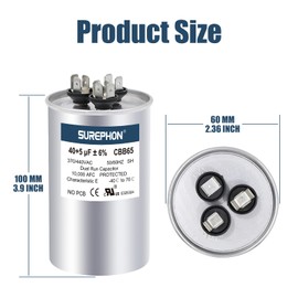 SUREPHON 40+5 uF 40/5 MFD ±6% 370V/440V Dual Run Round Capacitor CBB65 Ideal for AC Unit Fan Motor Start or Heat Pump or Condenser Straight Cool