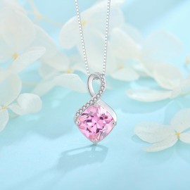 FJ Infinity Chain Women's 925 Sterling Silver Square Princess Cut Necklace Pendant Birthstone Jewellery Gifts for Women, Cubic Zirconia, Tourmaline