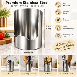 Stainless Steel Pot Lid Holder for Kitchen Countertop Organization – Vertical Rack for Lids, Spoons & Cookware Storage