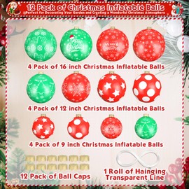 Flasoo 12 Pack Large Christmas Balls, Giant Inflatable Christmas Ornaments for Outdoor Decoration, Big Christmas Ornaments Balls for Front Door Yard Tree Hanging Decoration (9 Inch, 12 Inch, 16 Inch)