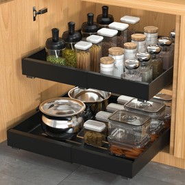 DEKAVA 4 Pack Pull Out Cabinet Organizer Expandable, Adhesive with Nano Film, Pull Out Drawers for Cabinets in Kitchen, Pantry or Bathroom (BLACK-4PACK, 21“DEEP)