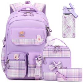 ACESAK Backpack for Girls with Insulated Water Bottle, Bow Tie Plaid Bookbag for Girls Kids, 14oz Kids Water Bottle Stainless Steel, Lunch Bag & Pencial Case, Back To School Gift (Pink)