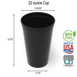 Rolling Sands 22 Ounce Reusable Plastic Stadium Cups Black, 8 Pack, Made in USA, BPA-Free Dishwasher Safe Plastic Tumblers