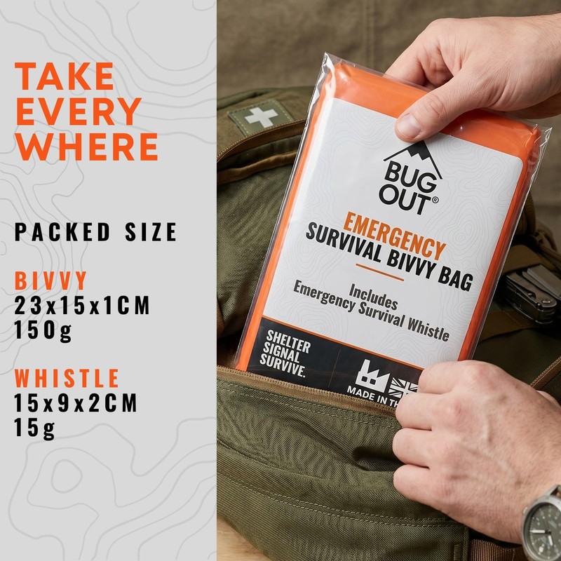 BUG OUT Survival Bivvy Bag with Emergency Whistle Kit, Waterproof,