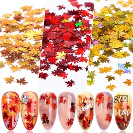 12 Colors Fall Leaf Glitter Nail Sequins - 3D Maple Leaf Holographic Nail Art Flakes Colorful Confetti Glitter Sticker Decals Manicure Nail Art Design Makeup DIY Christmas Decorations
