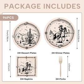 AGoooodySet 96Pcs Western Party Plates Napkins Western Cowgirl Party Supplies for Birthday Wild West Rodeo Decorations Dessert Dinner Plates Tableware Set Decor for Baby Shower Serve 24