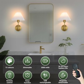 Battery Operated Wall Sconces Set of 2,Gold Rechargeable Wall Lights with Remote,Dimmable Wall Lamp with Pleated Shades,15 Colors Wireless Bathroom Vanity Wall Sconce for Bedroom Living Room Hallway
