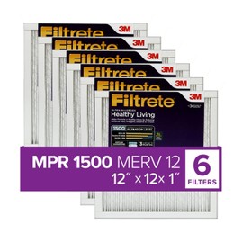 Filtrete 12x12x1 AC Furnace Air Filter, MERV 12, MPR 1500, CERTIFIED asthma & allergy friendly, 3 Month Pleated 1-Inch Electrostatic Air Cleaning Filter, 6-Pack (Actual Size 11.81x11.81x0.78 in)