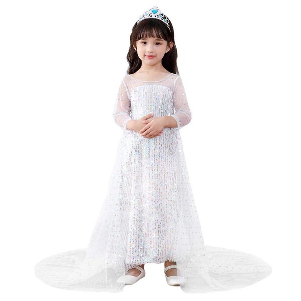 Dressy Daisy Girls' Ice Princess Costumes Halloween Fancy Party Sequin Dress with Train Long Sleeve Size 8-10 White