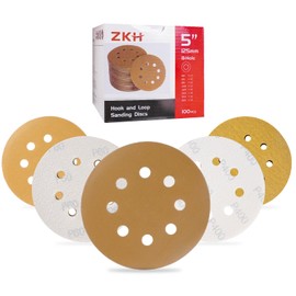 ZKH 100 PCS 5 Inch Sanding Discs, 8 Hole Hook and Loop Sanding Discs 60/80/120/180/240/320/400 Assorted Grits Sandpaper for Random Orbital Sander, Golden