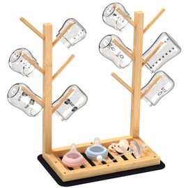 Bamboo Baby Bottle Drying Rack, Vertical Bottle Dryer Holder with Water Absorbent Pad, Space Saving Baby Bottle Organizer for Baby Bottles, Pump Part & Accessories(Natural, 12 Bottles)