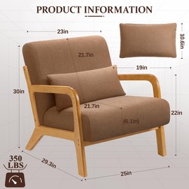 Brick Attic Accent Chair Mid-Century Modern Arm Chair with Lumbar Pillow,Solid Wood Frame and Soft Cushion Home Decorative Chair for Living Room, Reading, Bedroom, Balcony (Coffee Brown)