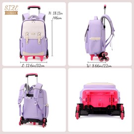 NIWEIYA Pink Rolling Backpack for Girls Kids School Backpack with Wheels for Girls, Roller Trolley School Bags for Primary Students, Wheeled Bookbags on 6 Wheels, Pink
