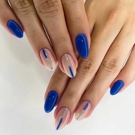 RikView Almond Press on Nails Medium Fake Nails Blue Nails Glossy Nails for Women 24 PCs/Set