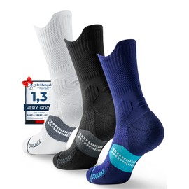 Juclise Coolmax Bamboo Viscose Compression Running Crew Socks, Moisture Wicking Cushioned Anti-Blister Arch Support, Sport (9-13, Black+White+Blue)