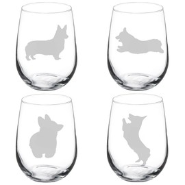 MIP Set of 4 Wine Glass Goblet Corgi Collection (17 oz Stemless)
