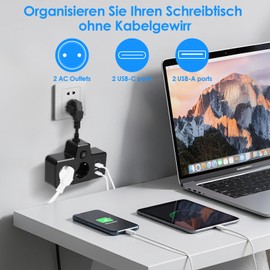 LustLocke LustLocke Doppelstecker f??r Steckdose, Steckdosenleiste 2-Fach, Verteilersteckdose Wandmontage mit 2 USB A & 2 USB C, Kompakte Steckerleiste f??r B??ro, Zuhause & Reisen, 13 A/3250 W (Schwarz)