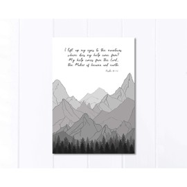 Psalm 121 Print, Mountains Wall Art Bible Verse Quote,Christian Men Gift, Grey Scripture UNFRAMED A4, Crafty Cow Design