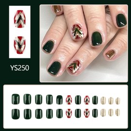 24Pcs Christmas Press on Nails Short Square Dark Green Fake Nails Gold Glitter Acrylic Nails Kit with Christmas Tree Glitter Design Full Cover Glossy False Nails Artificial Glue on Nails for Women