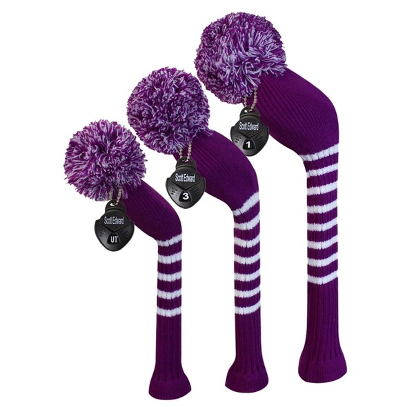 Scott Edward Stripes Style Knitted Golf Club Head Covers Set of 3, fit for Driver Wood(460cc), Fairway Wood, Hybrid(UT), for Men/Women Golfers, Individualized Looking and Washable (Purple)