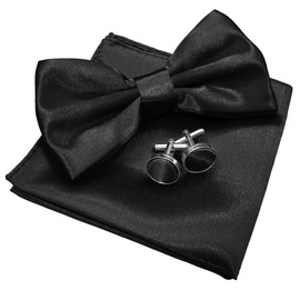 ehsbuy Men's Bow Tie with Pocket Square Plain Adjustable Pre-tied Bow Tie and Pocket Square Cufflinks Set with Gift Box for Wedding Party Suit Christmas, black