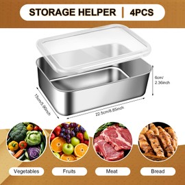 LWAIX Food Storage Boxes for Refrigerator, Stainless Steel Food Storage Box, Pack of 4, Food Storage Containers with Lid, Tins for Freezing, Airtight Food Storage Boxes, Stackable Metal Storage Boxes