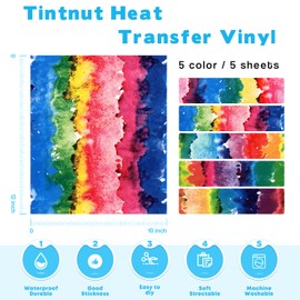 Tintnut Patterned HTV Heat Transfer Vinyl Sheets - 5 Color 12×10 inch HTV Vinyl for T-Shirts Mutilcolor HTV Iron on Vinyl Bundle for Cricut/Silhouette Cameo