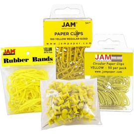 JAM PAPER Office Supply Assortment - Yellow - (1) Rubber Bands (1) Push Pins (1) Paper Clips (1) Round Paper Cloops - 4/Pack