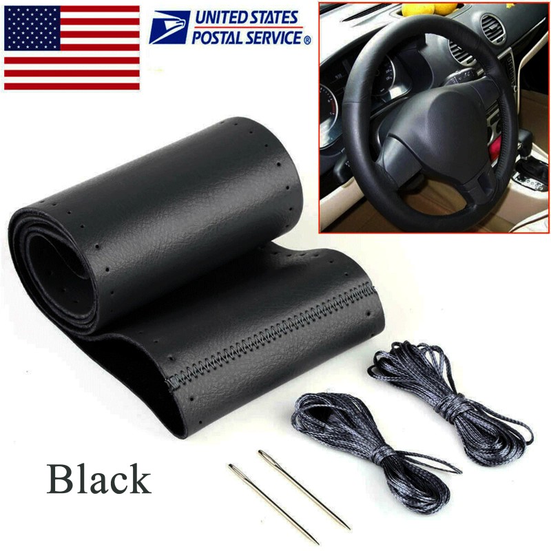 CHUSYYRAY DIY Black Genuine Leather Car Steering Wheel Cover for