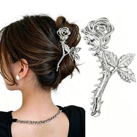 Silver Rose Metal Hair Claw Clips Vintage Leaf