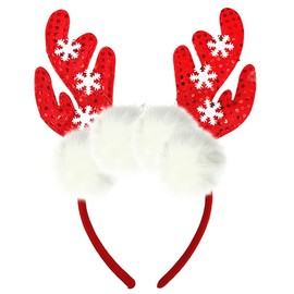 Needzo Red and White Snowflake Christmas 2023 Reindeer Antler Headband, Red Sequin Hair Accessory for Holiday Parties, One Size Fits Most Kids and Adults