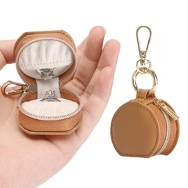 KUKUVR Jewelry Ring Holder Storage Box with Keychain, Portable Gym Jewelry Storage Case, Small Travel Ring Earring Stud Necklace Storage Case for Women Girl (Brown)