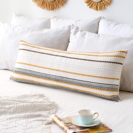 HomGoodz Boho Lumbar Throw Pillow Cover 14x36 Inch, Farmhouse Long Decorative Striped Textured Body Pillow Case for Couch Sofa Bed,White and Orange Woven Accent Cushion Pillowcases,Pack of 1