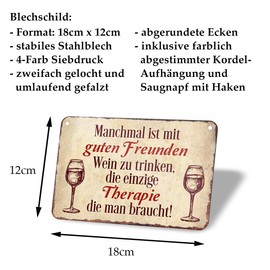 Wine Therapy Tin Sign - Funny Wine Saying for Wine Connoisseurs and Lovers - Unusual Retro Decorative Metal Sign with Cord and Suction Cup - Creative Gift Idea for Wine Lovers - 18 x 12 cm